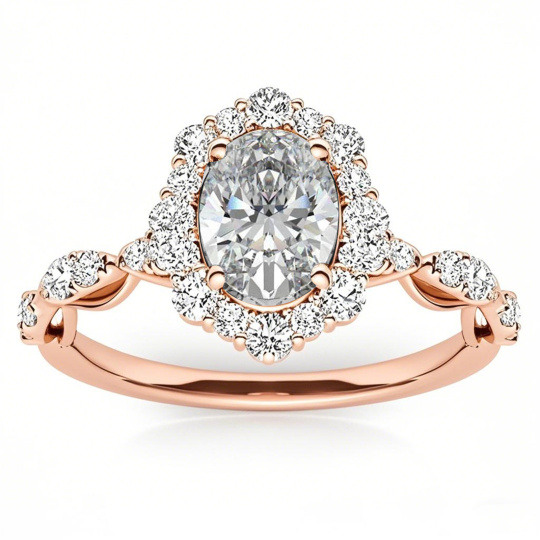Bague de fiançailles en or rose 10 carats avec halo de moissanite taille ovale