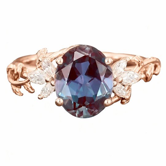 14K Rose Gold Oval Cut Moissanite & Alexandrite Ring