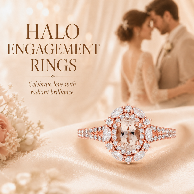 18K Rose Gold Oval Cut Morganite & Moissanite Custom Double Halo Sidestone Engagement Ring-5