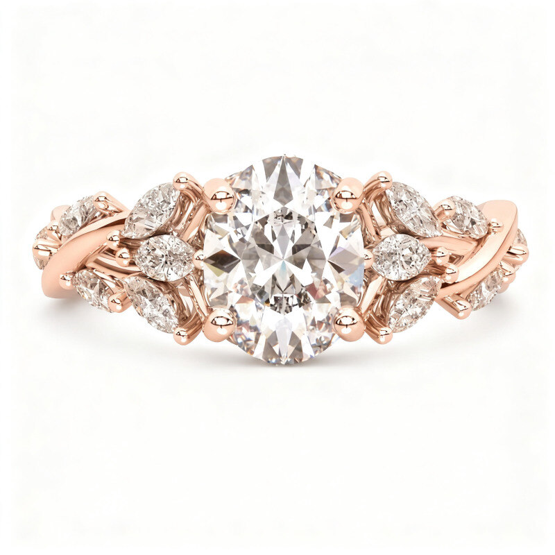 Anillo de compromiso personalizado de inspiración natural con diamante ovalado cultivado en laboratorio y oro rosa de 10 quilates.-1