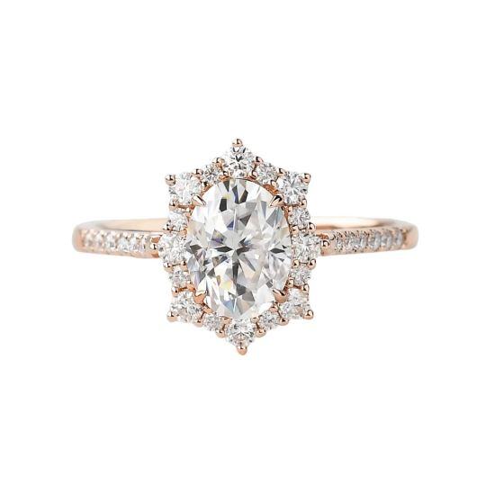 Anneau de fiançailles en or rose 10K avec halo de moissanite taillée en ovale