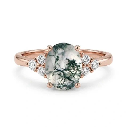 Verlobungsring aus Sterlingsilber mit rosévergoldetem, oval geschliffenem Moissanit und Moosachat