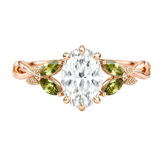 Anillo de compromiso Ivy de moissanita y peridoto de talla ovalada en oro rosa de 10 quilates