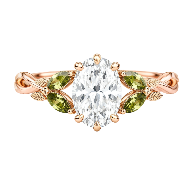 10K Rose Gold Oval Cut Lab-Grown Diamond & Peridot Custom Natural Inspired Engagement Ring-4