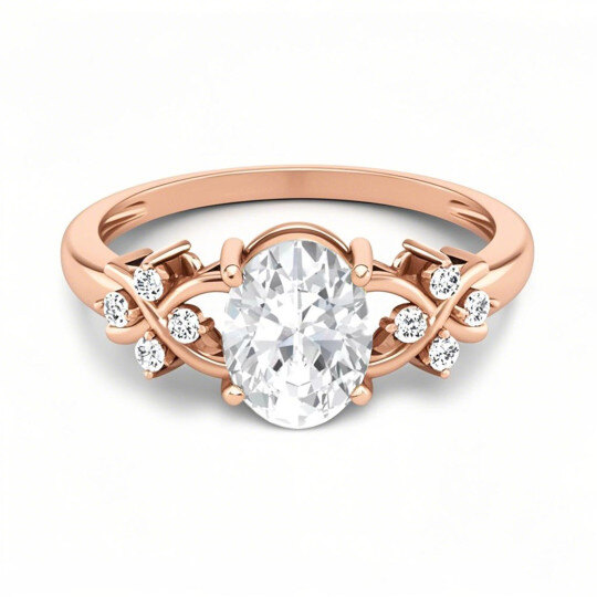 Anillo de compromiso de oro rosa de 10 quilates con moissanita ovalada y piedra lateral.