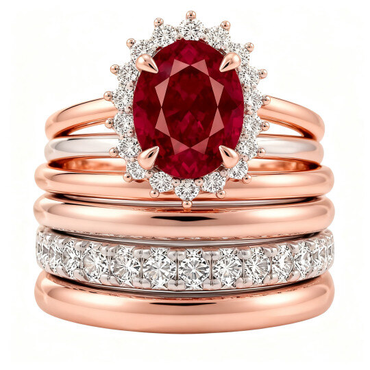 10K Rose Gold Oval Cut Moissanite & Ruby Stackable Ring