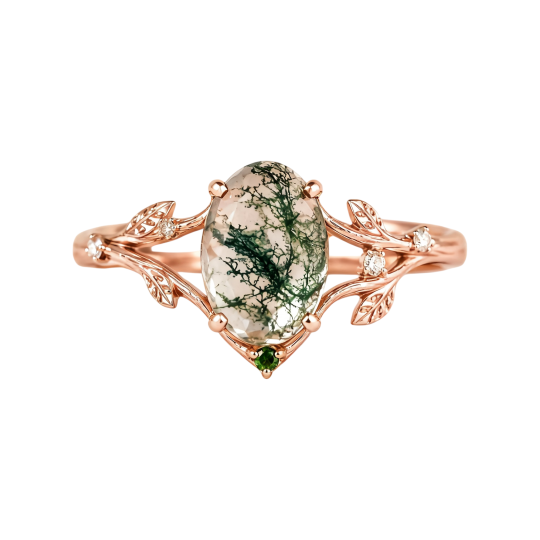 10K Rose Gold Oval Cut Moss Agate Custom Engagement Ring
