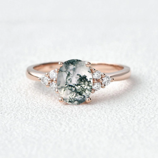 Verlovingsring van ovaal geslepen mos agaat van sterling zilver met roségouden plating