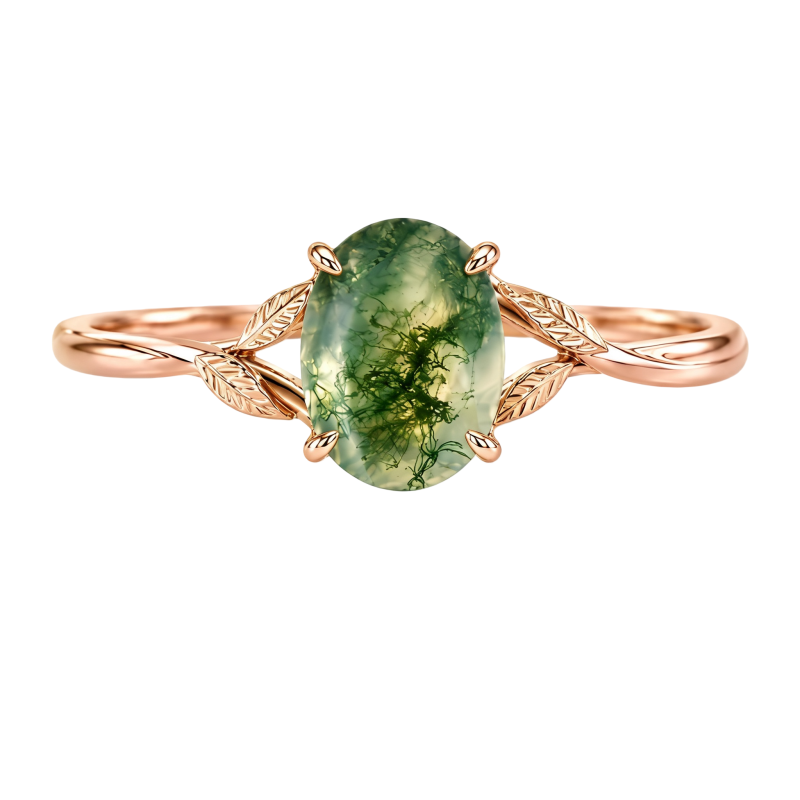 Anillo de compromiso de oro rosa de 10 quilates con ágata musgosa de talla ovalada-2