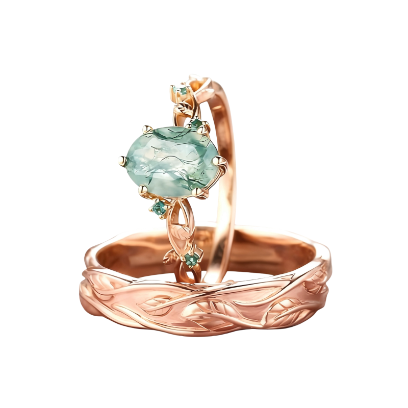 Anillos de pareja de oro rosa de 14 quilates con ágata musgosa de talla ovalada y diseño de hiedra.-1