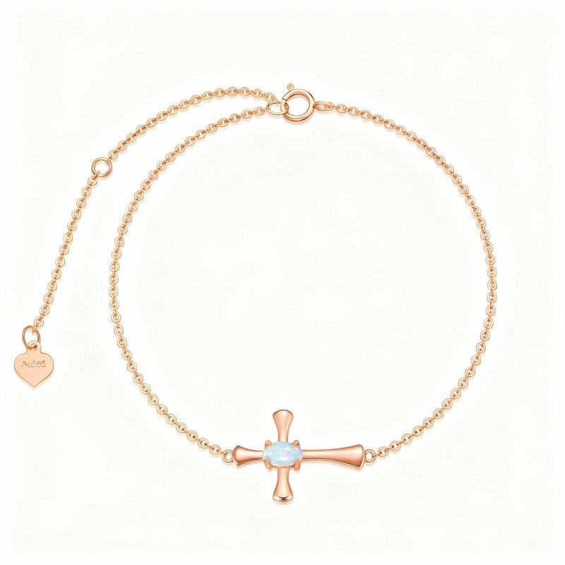 Bracelet à breloques croix en or rose 14 carats avec opale ovale-1