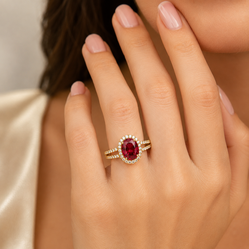 Anillo de compromiso con halo de rubí de talla ovalada en oro rosa de 10 quilates-2