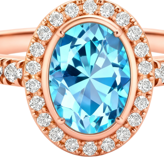 Anillo de compromiso de oro rosa de 10 quilates con moissanita y topacio de talla ovalada.