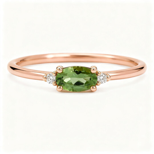 Verlobungsring aus 18-karätigem Roségold mit ovalem, grünem Turmalin (1 Karat), im Labor gezüchteten Diamanten und schmaler Ringschiene