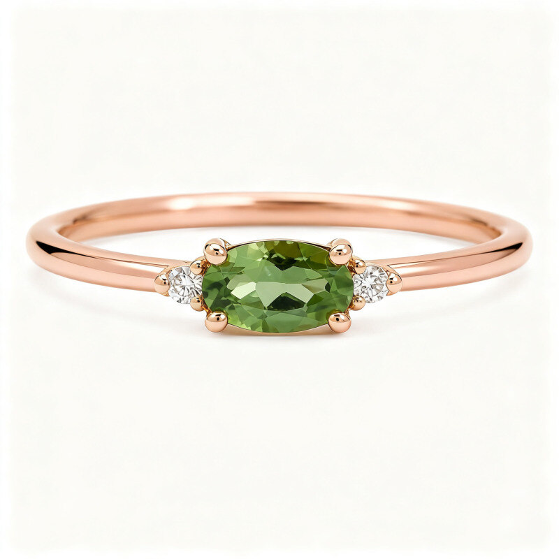 Verlobungsring aus 10-karätigem Roségold mit ovalem, grünem Turmalin (1 Karat), im Labor gezüchteten Diamanten und schmaler Ringschiene-1