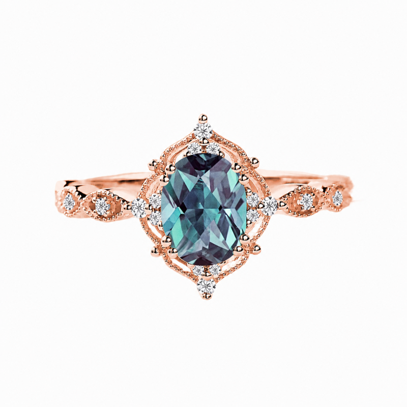 Bague vintage en or rose 10 carats avec pierre précieuse ovale de 0,1 carat (poids total) et diamant.-1