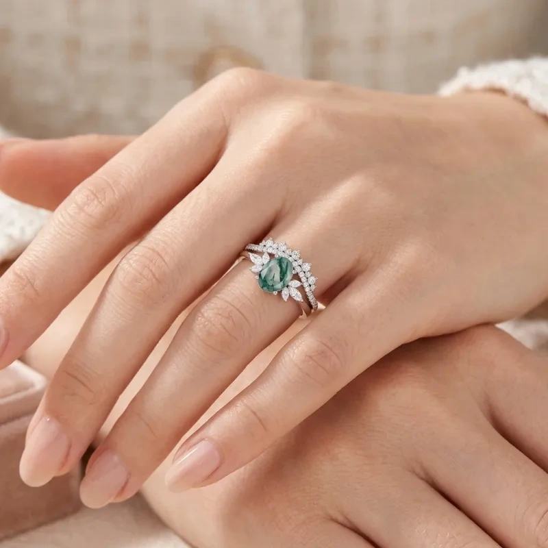 Ovaler Ring aus 10-karätigem Roségold mit Moosachat und Moissanit-2