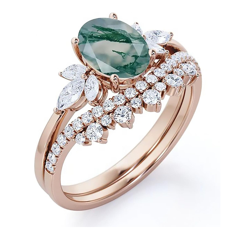 Ovaler Ring aus 10-karätigem Roségold mit Moosachat und Moissanit-3