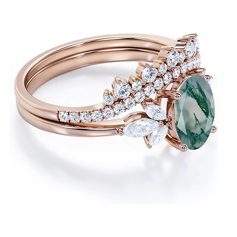 Ovaler Ring aus 10-karätigem Roségold mit Moosachat und Moissanit-4