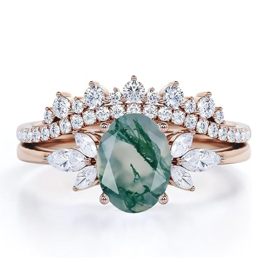 Anello in argento sterling con agata muschiata ovale placcata in oro rosa e moissanite