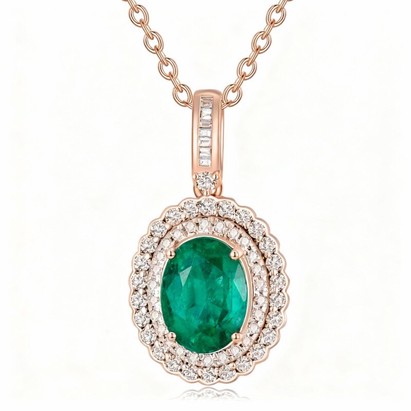 Collar con colgante ovalado de oro rosa de 10 quilates con diamante y esmeralda-13