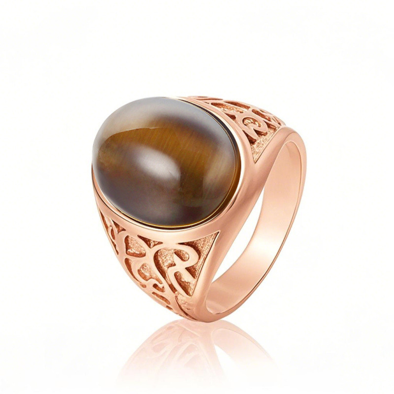 18K Rose Gold Oval Tiger's Eye Ring for Men-1