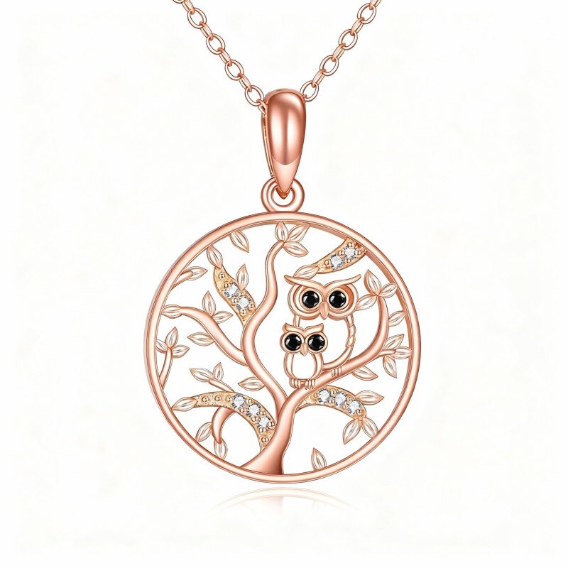 Collier pendentif hibou et arbre de vie en or rose 10 carats-1