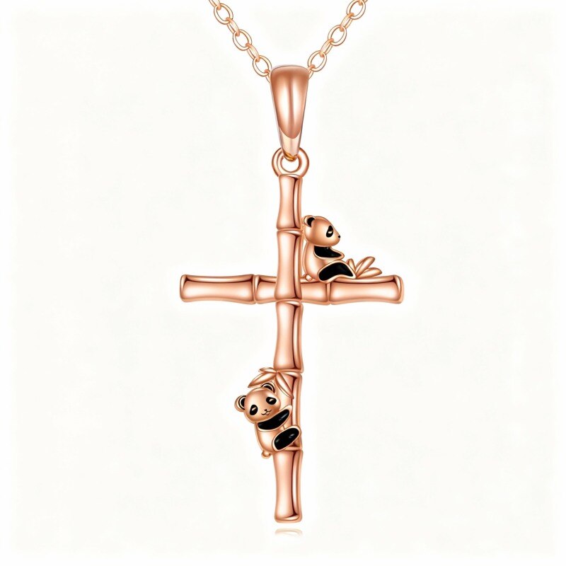 Collar con colgante de panda y cruz en oro rosa de 14 quilates-1