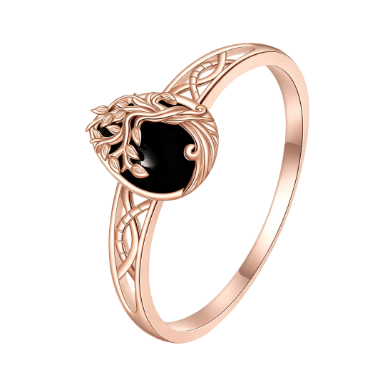 Aliança de casamento em ouro rosa 10K com ágata lapidada em forma de pêra representando a Árvore da Vida