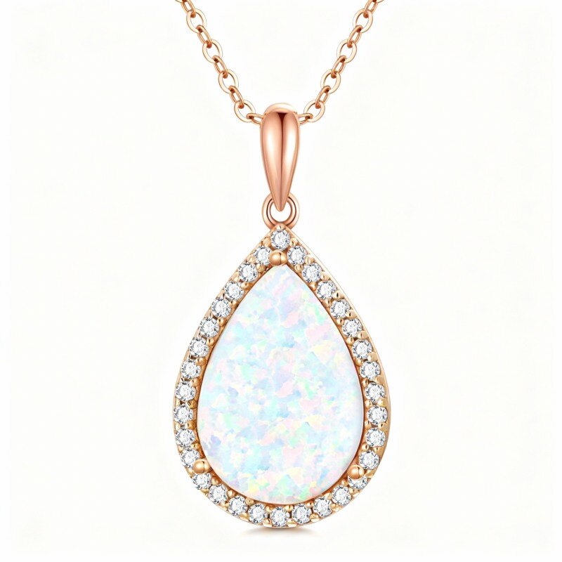 Collier pendentif en or rose 18 carats avec zircon cubique taille poire et opale-1