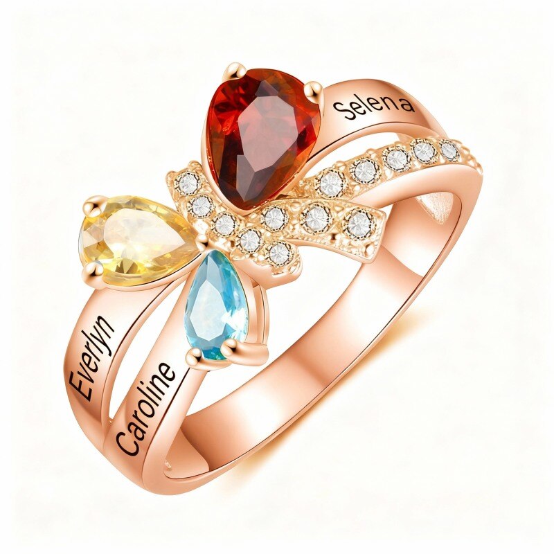 Bague personnalisée en or rose 14 carats avec zircon cubique taille poire et pierre de naissance-1