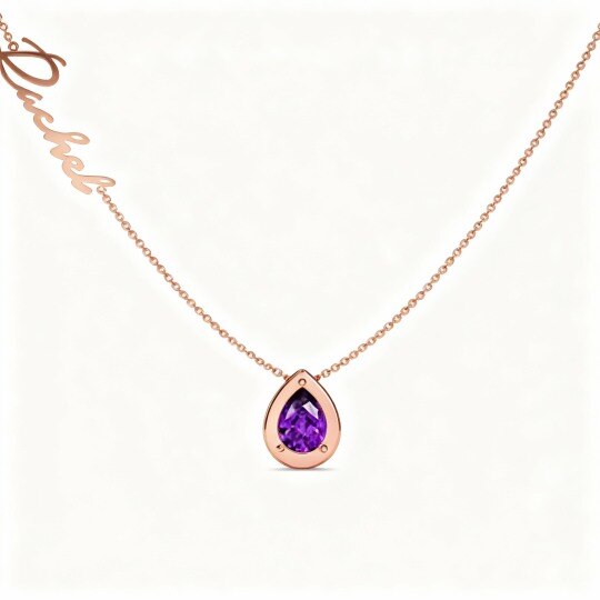 10K Rose Gold Pear Cut Cubic Zirconia Personalized Birthstone & Personalized Classic Name & Mother & Sisters Pendant Necklace