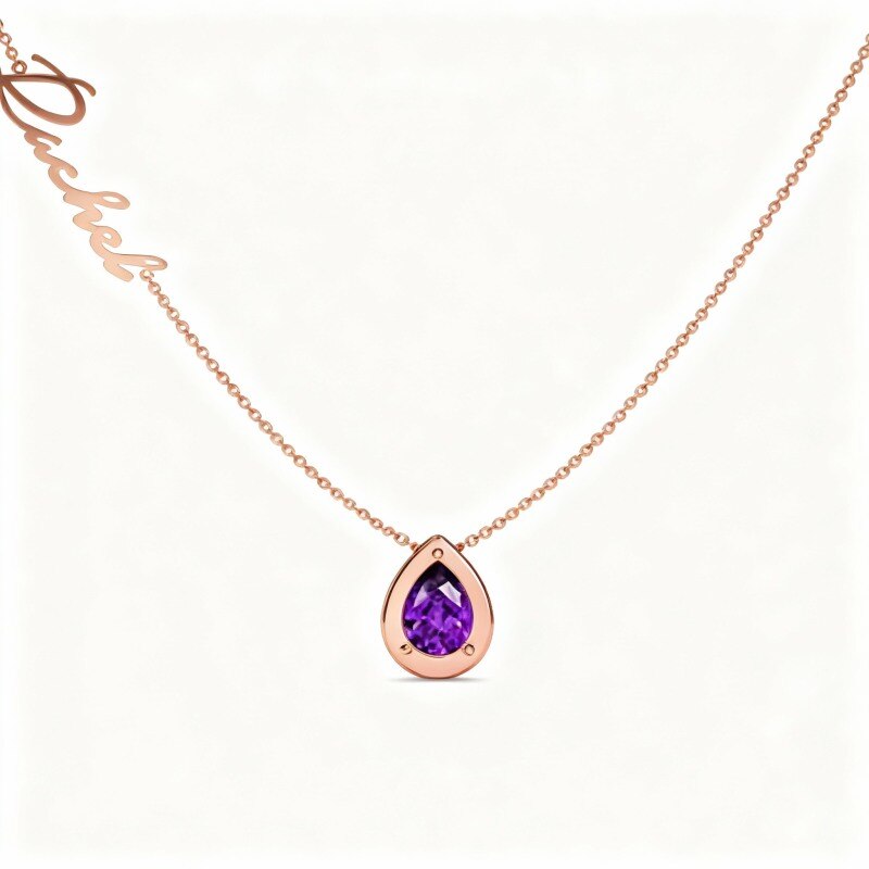 Collier pendentif personnalisé en or rose 14 carats avec zircon cubique taille poire, pierre de naissance, prénom classique, et inscription « Mère et sœurs ».-1