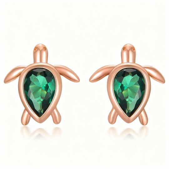 10K Rose Gold Pear Cut Cubic Zirconia Sea Turtle Stud Earrings