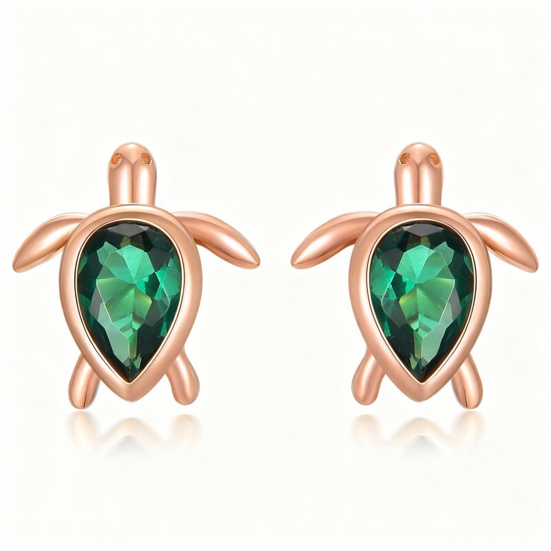Boucles d'oreilles puces en or rose 10 carats avec zircon cubique en forme de tortue marine, taille poire-1