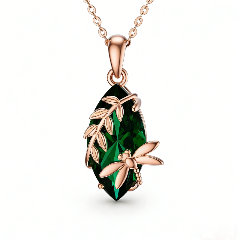 Collier pendentif libellule et feuilles en or rose 10 carats avec émeraude taille poire et émeraude-17
