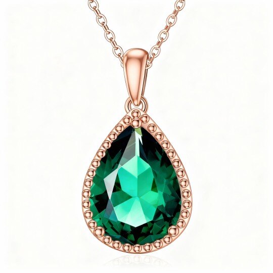 9K Rose Gold Pear Cut Emerald Pendant Necklace