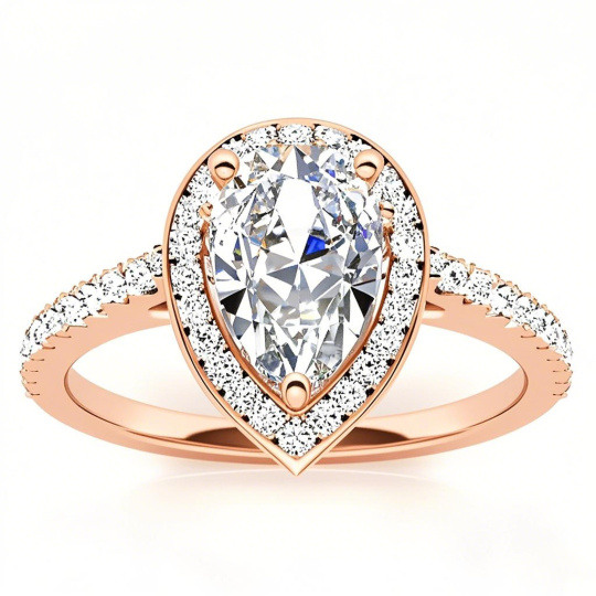 Anillo de compromiso de oro rosa de 10 quilates con halo de moissanita talla pera