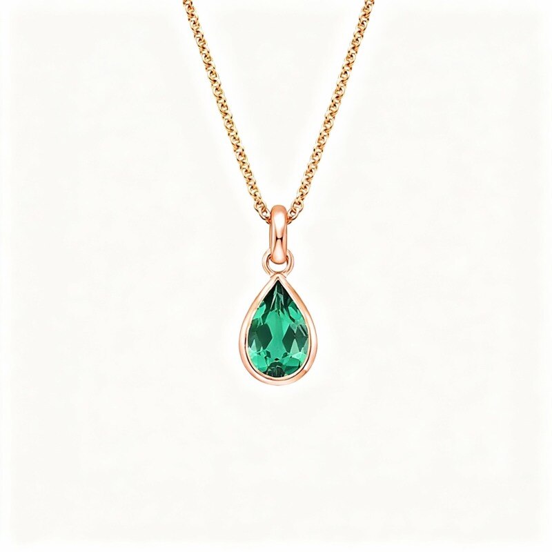 18K Rose Gold Pear Cut Lab Created Emerald Parents & Children Pendant Necklace-1