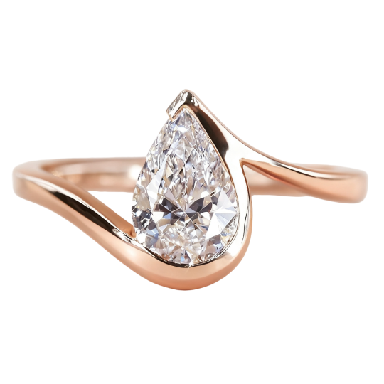 Verlobungsring aus 10-karätigem Roségold mit birnenförmigem, im Labor gezüchtetem Diamanten (Farbe D, Reinheit VVS1/VS1, 3EX, IGI-zertifiziert).