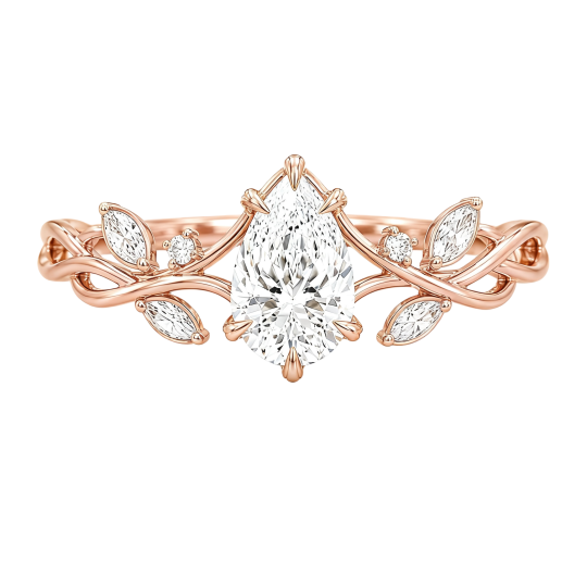 Anillo de compromiso personalizado de oro rosa de 10 quilates con diamante cultivado en laboratorio talla pera, color D, claridad VVS1/VS1, certificado por IGI 3EX.