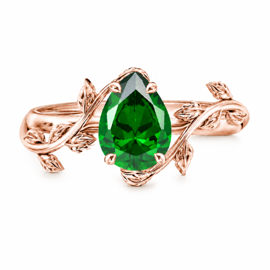 10K Rose Gold Pear Cut Lab-Grown Emerald Leaves Nature Inspired Engagement Ring