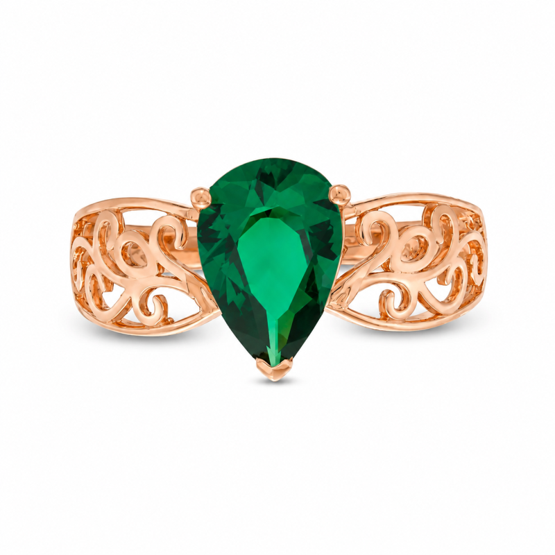 Anillo de compromiso solitario de oro rosa de 10 quilates con esmeralda cultivada en laboratorio talla pera.-18