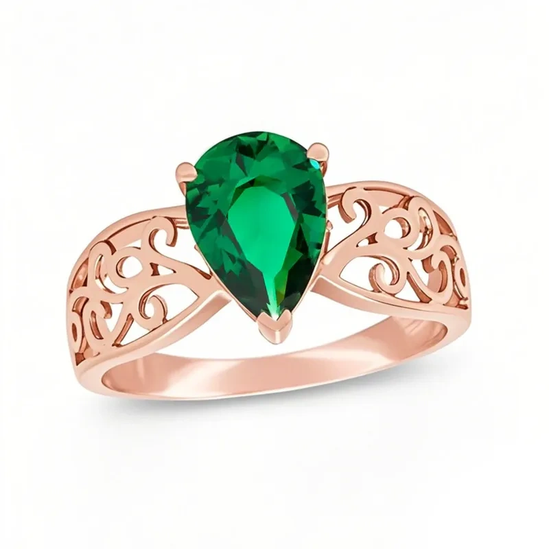 10K Rose Gold Pear Cut Lab-Grown Emerald Solitaire Engagement Ring-4