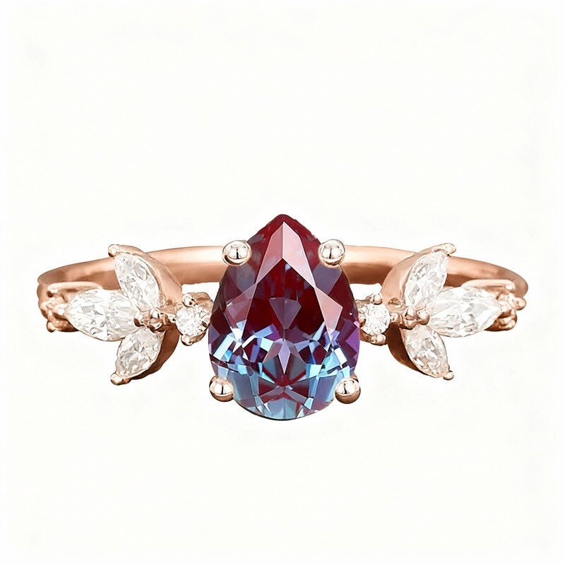 14K Rose Gold Pear Cut Moissanite & Alexandrite Ring-1