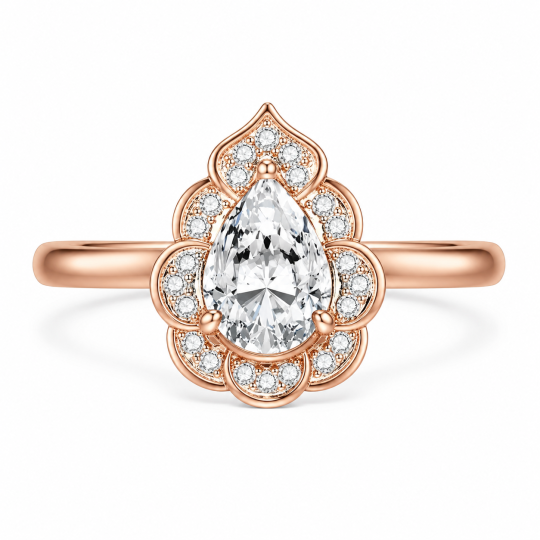 Anillo de compromiso de oro rosa de 10 quilates con moissanita talla pera en forma de gota.