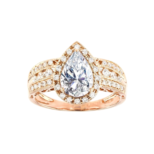 Verlobungsring aus 10-karätigem Roségold mit 2 Karat birnenförmigem Moissanit