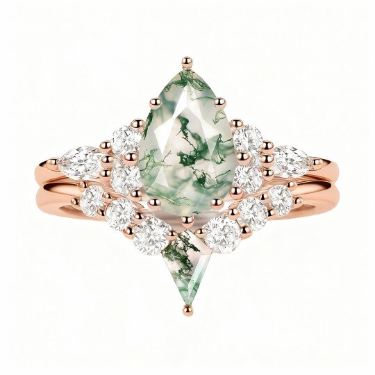 Parure da sposa in oro rosa 10 carati con moissanite taglio a pera e agata muschiata