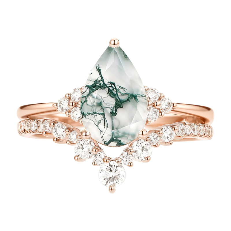 Ensemble de bijoux de mariage en or blanc 10K, 2 CT, taille poire en moissanite et agate mousse-16
