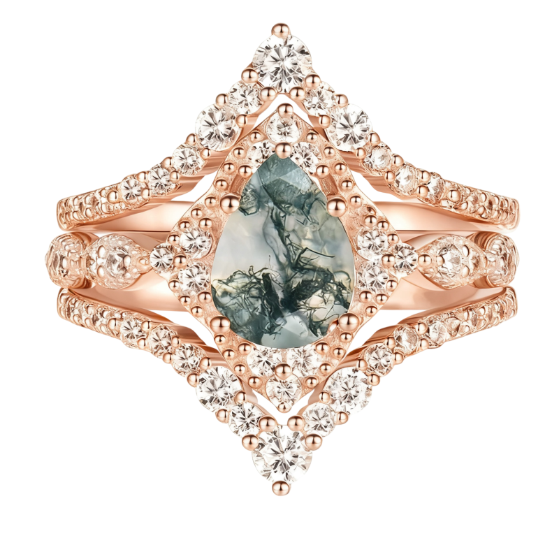 Ensemble de mariage en or rose 10 carats avec moissanite taille poire et agate mousse-16